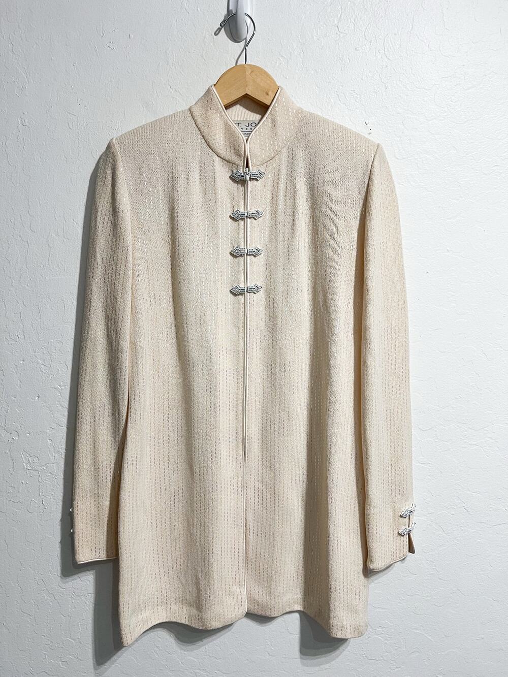 St John Evening Jacket 6 Santana Knit Shimmer Mandarin Zipper Cream Ivory